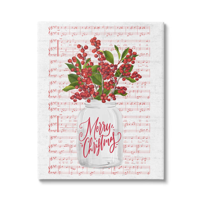 Houx de Noël, plante, feuille de musique, notes de fond, giclée noire, art texturé par lettres et lignes, Toile tendue
