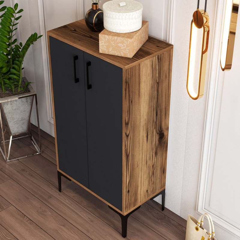 Modern Shoe Cabinet with Metal Legs, Walnut & Anthracite, 23.6 x 43.7 x 13.8 inches | 100% Melamine Coated Particle Board, 0.71 inches Thick | Wall-Mountable, Multiple Shelves, Stylish & Functional Storage Solution