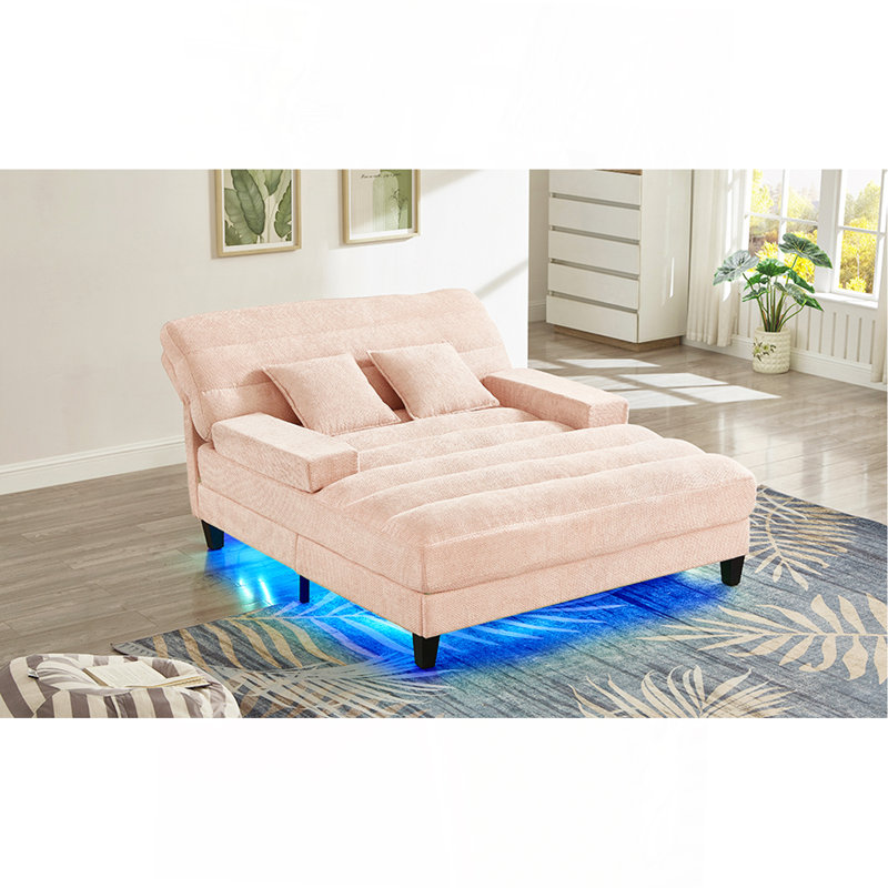 Méridienne moderne avec méridienne de 57,1 po et dossier en tissu d'ameublement en chenille avec dossier réglable et bande lumineuse à DEL, rose