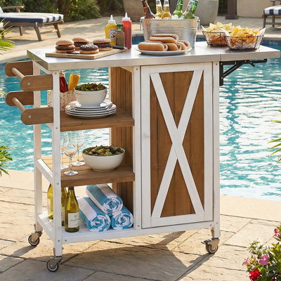 Îlot de cuisine pliable avec roues verrouillables, rangement et porte-serviettes pour l'extérieur et le patio, blanc et brun