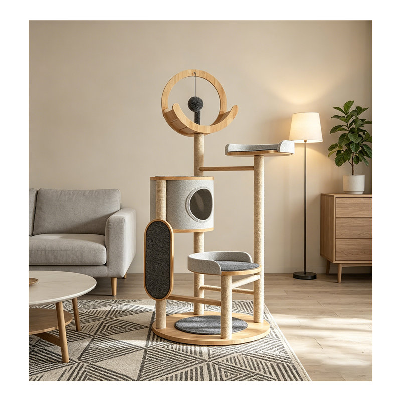 Arbre à chat moderne en bois et métal avec poteau en sisal et perchoirs multi-niveaux