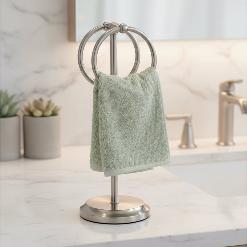 Porte-serviettes en acier avec 2 anneaux de suspension pour comptoir de meuble-lavabo en acier, Nickel satiné
