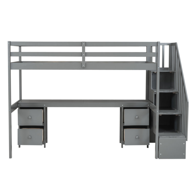 Structure de lit simple de taille mezzanine avec bureau intégré et tiroirs de rangement doubles, Gris