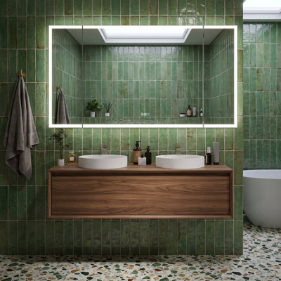 Miroir de salle de bain intelligent pliable en trois parties avec éclairage DEL, loupe, éclairage avant et arrière, intensité réglable, antibuée, fixation murale, dimensions : 168 cm (L) x 91 cm (H).