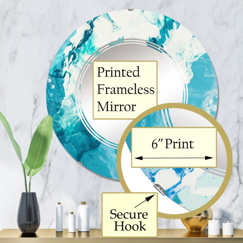 Nuage blanc sur marbre bleu I - Miroir mural moderne rond, 32 po x 32 po