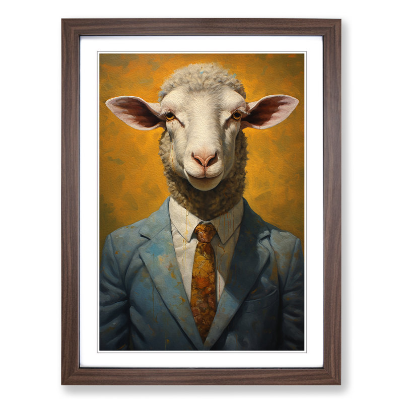 Sheep In A Suit No.3 - Single Picture Frame Print on Wood, 46cm H x 34cm W x 2cm D, Walnut 