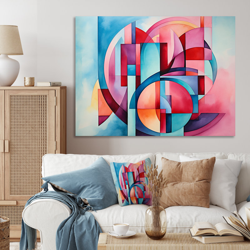 Rose et bleu géométrique en spirale - art mural géométrique, H 12 po x l 20 po x P 1 po, Toile tendue
