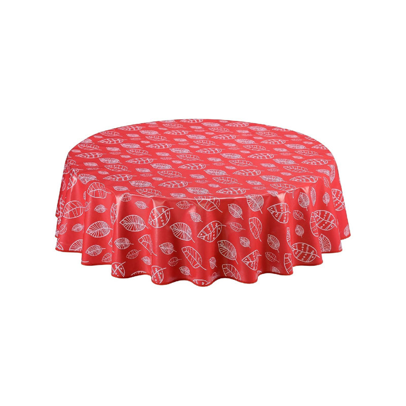 Round Oilcloth PVC Wipe Clean Tablecloth 160 Cm 62" Leaves Sage Green, Red