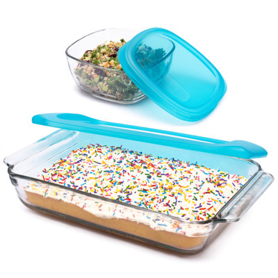 Libbey Bakers Premium Bake & Store 4-Piece Glass Set with 9x13 Baking Dish and 6-Cup Storage Container with Blue Plastic Lids