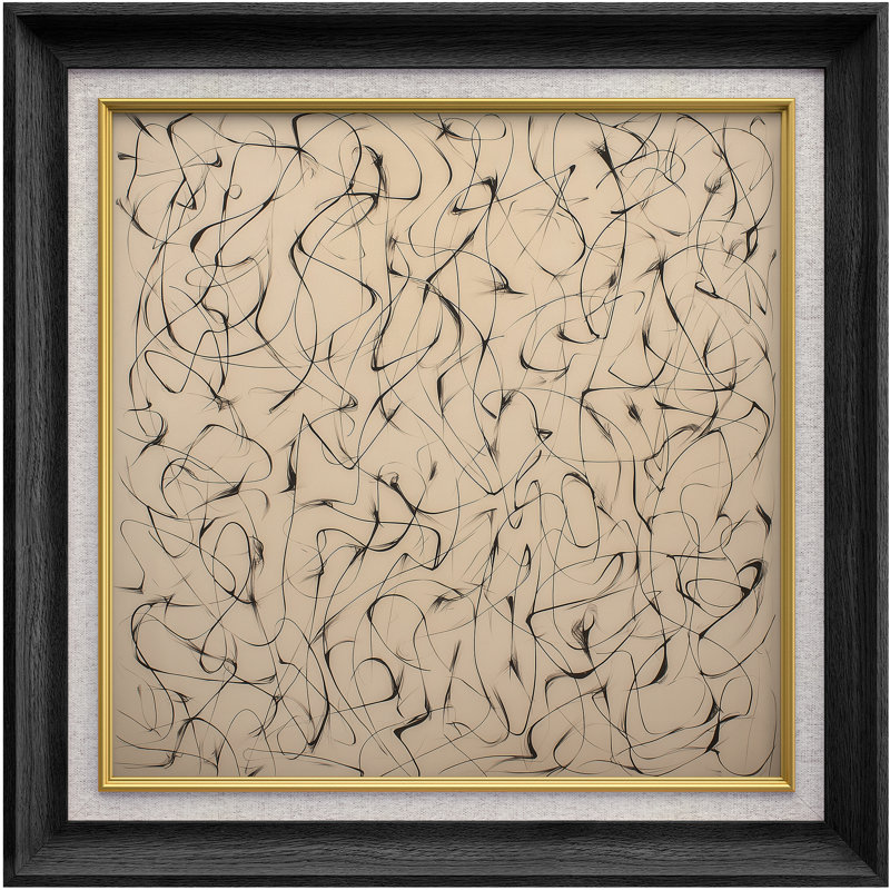 Lignes noires sur fond beige abstrait - impression d'art encadrée sur papier, H 26 po x l 26 po x P 1,5 po