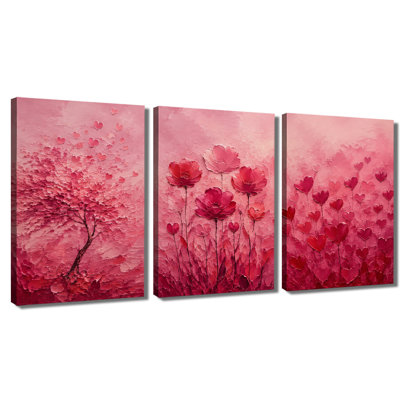 Impression sur toile 3 panneaux muraux coeurs rouges et roses