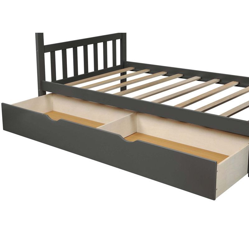 Lit superposé simple au-dessus d'un lit double convertible avec plateau inférieur flexible, tablettes et tiroirs de rangement supplémentaires, gris