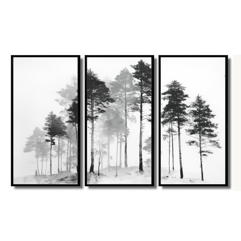 Ensemble de salon art mural pin noir et blanc, H 32 po x l 48 po, Reproduction avec cadre flottant, Noir