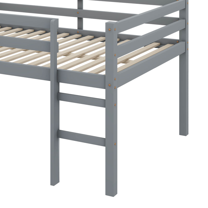 Full-Sized Bed Frame, Short Rubberwood  Loft Bed With Steps, Gray
