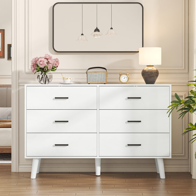 Commode blanche pour chambre à coucher, commode 6 tiroirs avec poignées en métal, grande commode de rangement moderne Mid-Century pour le salon, placard