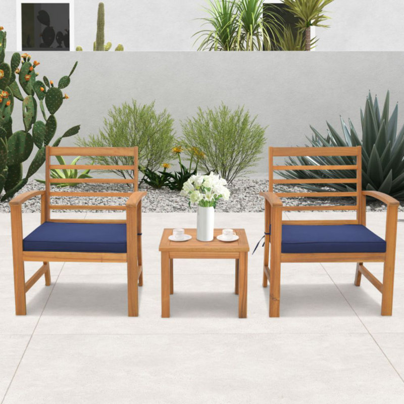 Rafiel Wood 2 - Person Patio Conversation Set with Cushions, Navy