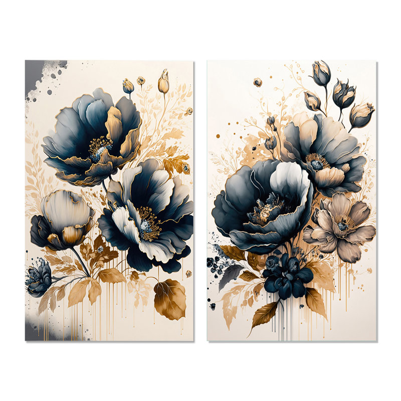 «Fleurs de pavot bleu marine et or II», 2 pièces sur toile, Toile tendue, H 40 po x l 40 po