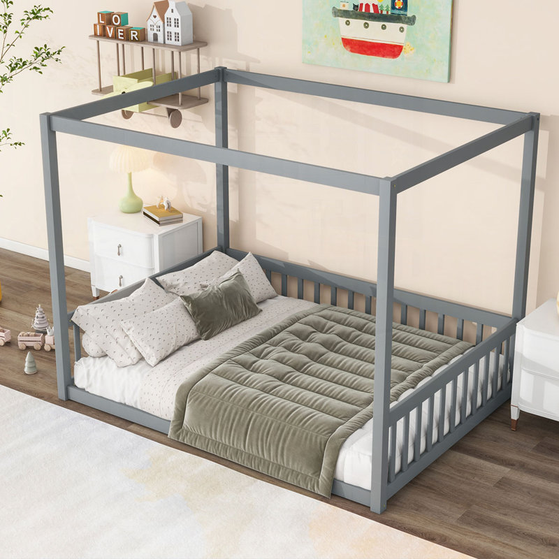 Lit double en bois d'hévéa avec clôture et garde-corps, gris
