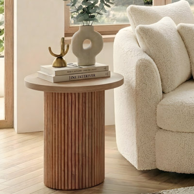 22'' Tall Solid Wood Round End Table Drum Side Table with Fluted Pedestal Base