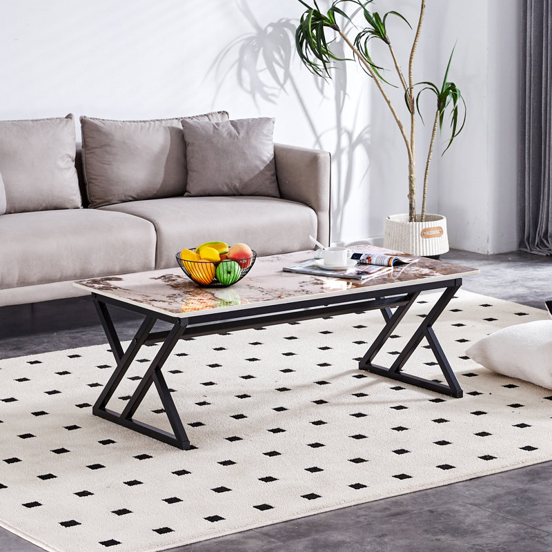 Stone Slab Coffee Table With Metal Legs - 47" X 23.6", White/Brown, Black