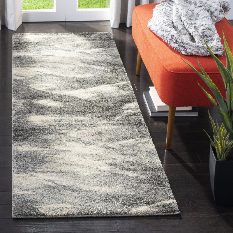 Tapis gris et ivoire abstrait Kruse, Tapis de couloir 2 pi 3 po x 7 pi, Grey