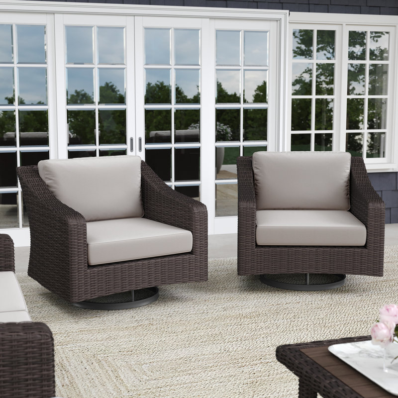Martha Stewart Bedford Outdoor Rattan Wicker Swivel Chairs With All-Weather Cushions, Tan, Brown