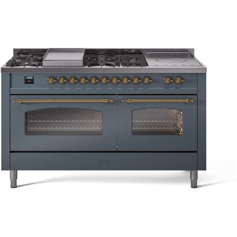 ILVE Nostalgie II 60 Dual Fuel Range, 5 Burners, Griddle, Frenchtop , Stainless Steel/Brass, Liquid Propane