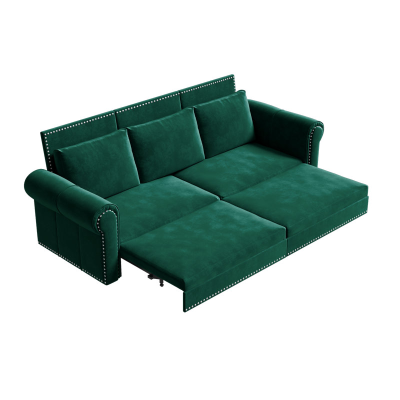 Chesterfield Sofa,93.7" King Pull Out Sofa Bed,3-In-1 Velvet Convertible Sleeper Sofa With Nailhead Trim & Rolled Arm,Multi-Functional Sofa Bed For Living Room,Bedroom,Green(The Same Sku:W1885S00038)