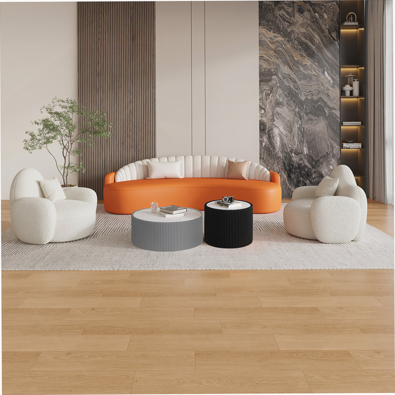 Table basse moderne en cuir clair avec plateau en marbre, Gris