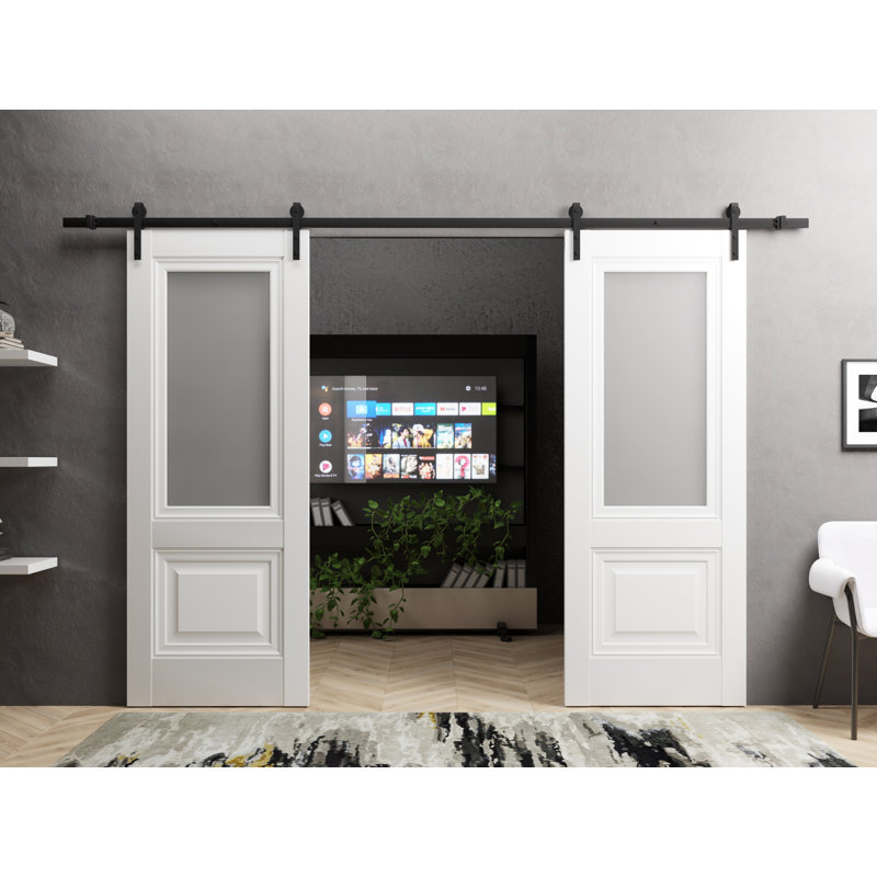 Porte de grange double robuste | Soie blanche Lucia 8822 avec verre givré | Ensemble lourd de cintres en acier inoxydable 13 pi | Portes intérieures solides