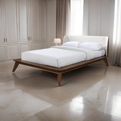 Linzy Bed, Beige Boucle Upholstered Winged Edge, Brown Solid Wood