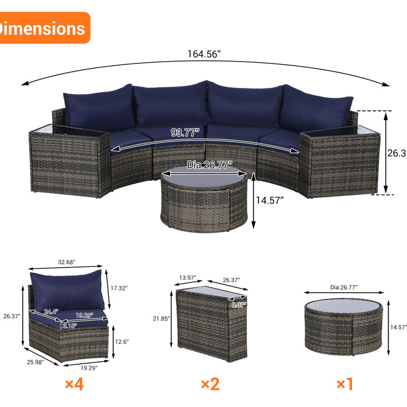 Ensemble de 7 chaises de patio modulaires avec demi-lune et table basse ronde, facile à assembler, Bleu très foncé