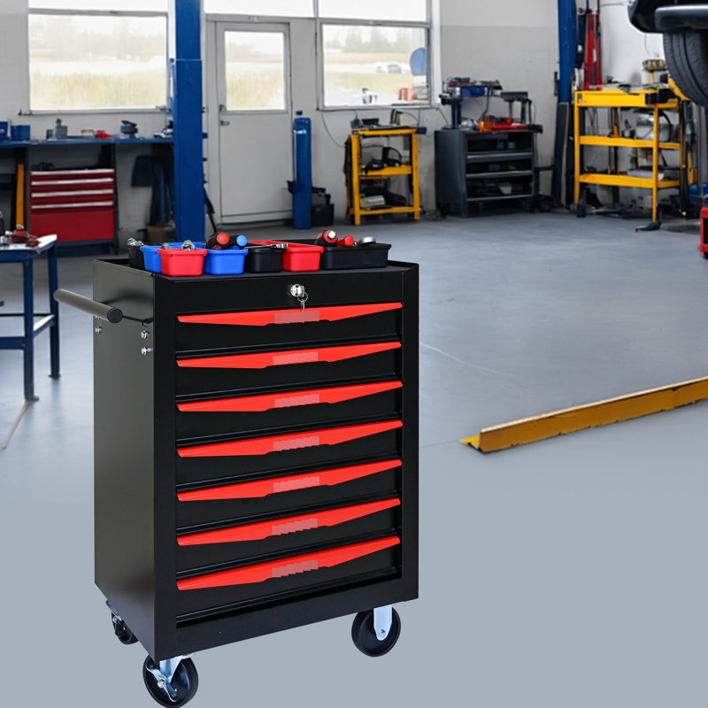 20" Tool Storage Chest - 7 Drawers, Bearing, Steel 7 Lockable, Black&Red Construction