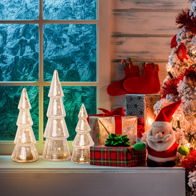 Ensemble d'arbre de Noël à DEL en verre transparent 3 pièces avec minuterie Xmas