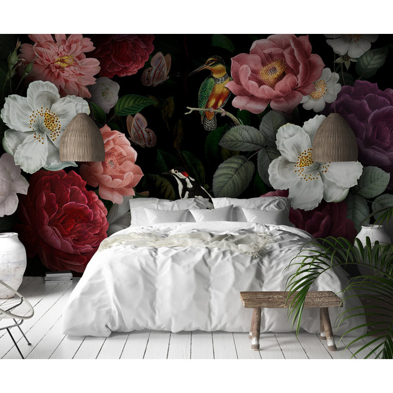 Papier peint amovible floral avec pivoines et fleurs foncées, L 48,96 po x l 75 po