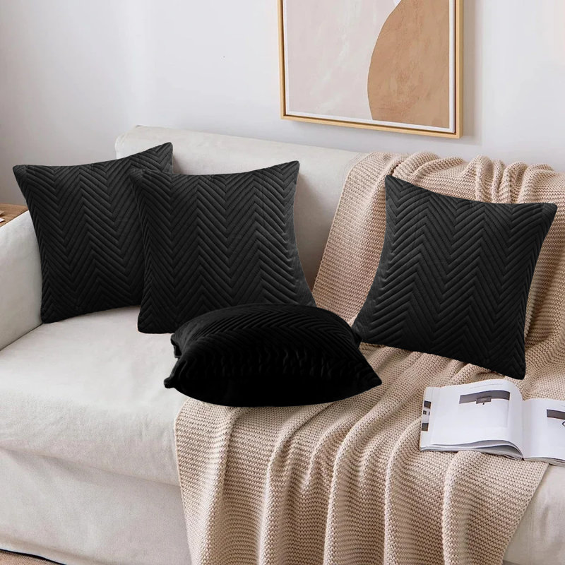 Embossed Velvet Cushion Cover (4 Piece Set), Black