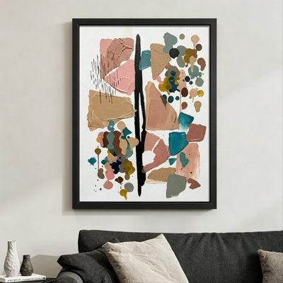 Composition moderne abstraite abstraite: formes colorées et éclaboussures, style d'art moderne mixte. Toile encadrée 24 "x 36" avec cadre en bois noir