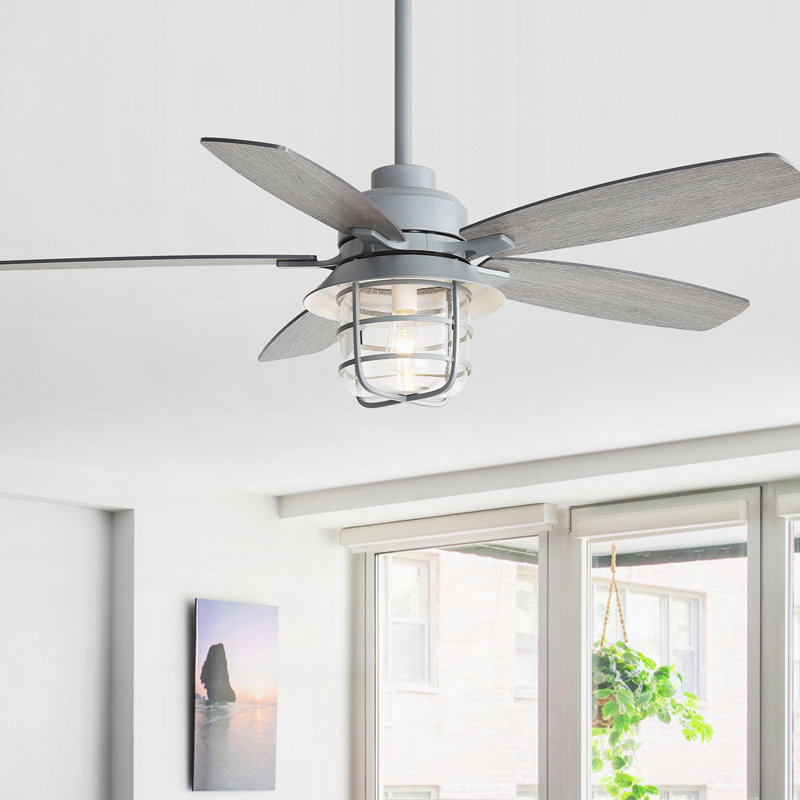 Ventilateur de plafond gris ciment 52 pouces avec lumière E26, abat-jour en verre, 5 pales en contreplaqué, moteur à courant continu silencieux, 6 vitesses de vent