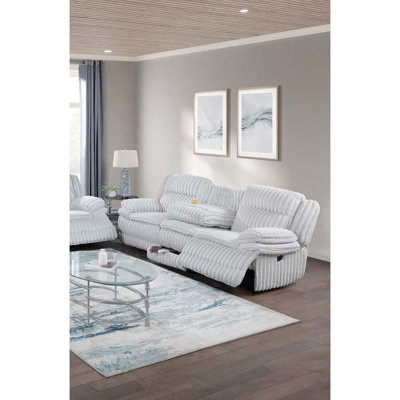 Mouvement contemporain en velours côtelé gris avec mouvement manuel inclinable et petite table de service avec 3 tables rabattables, porte-gobelets, station de charge pour le salon
