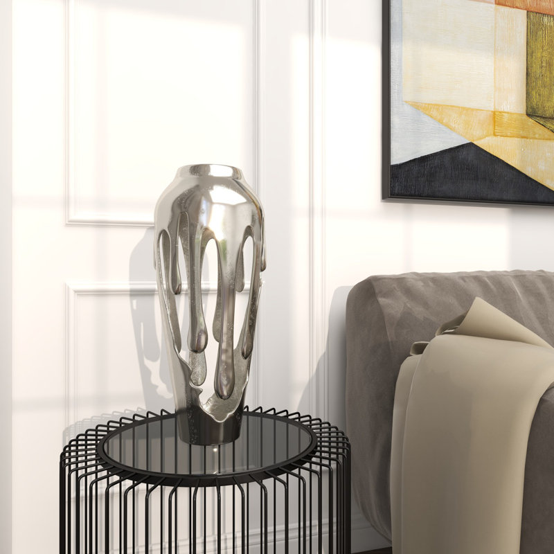 Moderna Gold Aluminum Metal Abstract Drip Decorative Vase with Melting Designed Body, 19.25" H X 8.1" W X 8.05" D, Silver