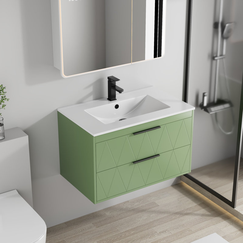 Ensemble de meuble-lavabo mural simple Sharee avec comptoir d'évier, robinet et drain en alliage de zinc, armoire flottante avec tiroirs à fermeture en douceur