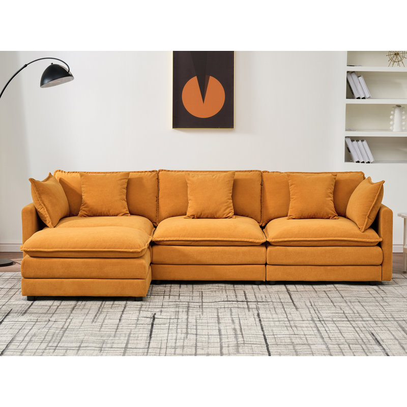 110'' Chenille Cloud Sofa With Ottoman, Orange