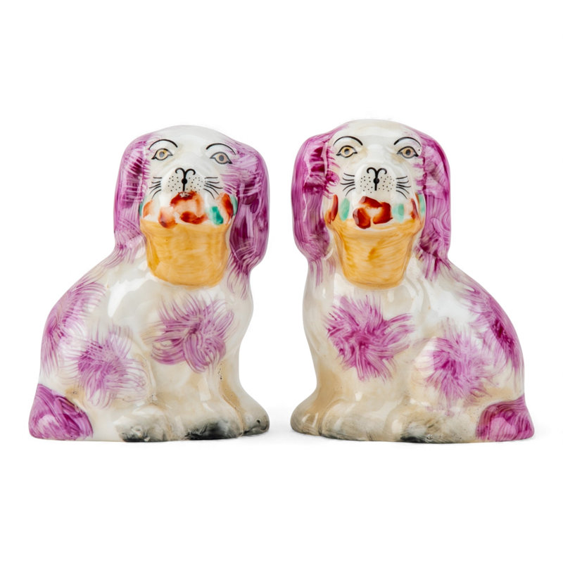 Small Black Staffordshire Style Basket Dog Figurines Pair, Pink/White/Beige