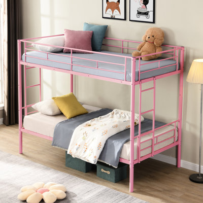 Lit superposé simple au-dessus de métal rose - Produit moderne permettant d'économiser de l'espace dans la chambre à coucher, construction solide pour la durabilité, espace de couchage stable et silencieux, avec escalier sécuritaire et silencieux, facile à assembler