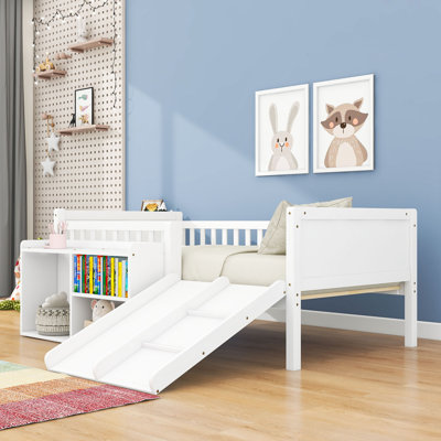 Twin-Size Wood Low Loft Bed with Slide, Climbing Ladder and Storage Shelves