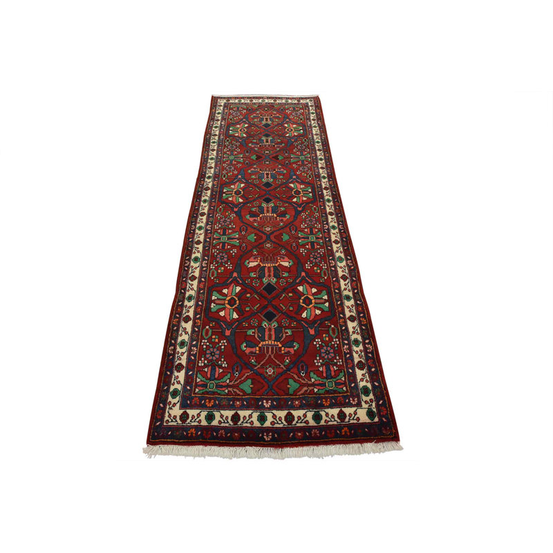 Tapis rouge rétro en laine noué à la main 3 pi 7 po x 10 pi Tribal