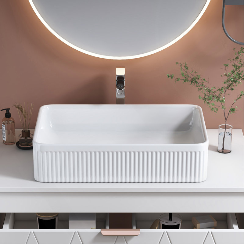 White Rectangular Ceramic Bathroom Vessel Sink With Drain Assembly