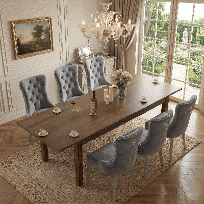 Ensemble de table de salle à manger extensible 106 pouces Banstead avec 6 chaises de salle à manger capitonnées en velours