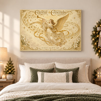 Toile de Noël avec ange doré jouant de la trompette avec notes de musique
