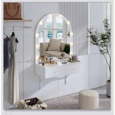 Floating Makeup Vanity Desk with Mirror & 3-Color Dimmable Lights, Wall-Mounted Dressing Table with Power Outlets and Large Storage